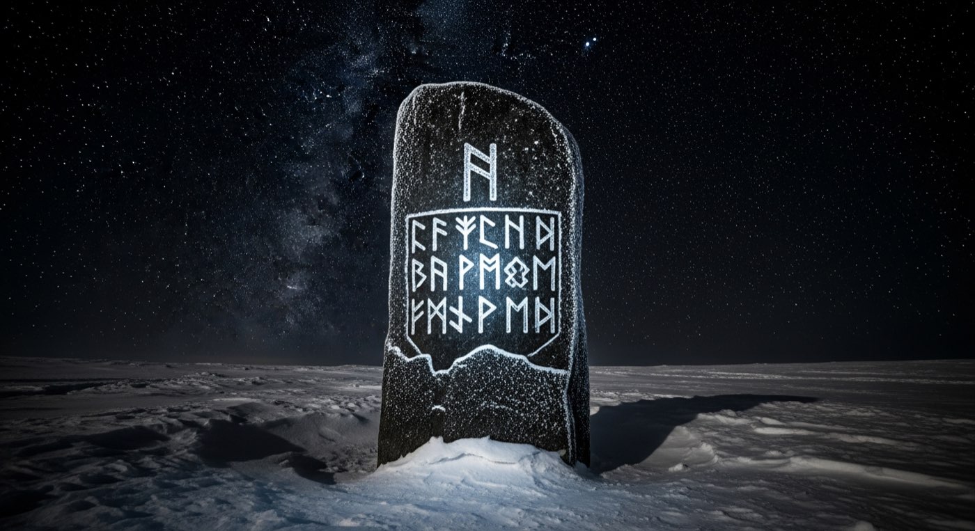Frostdækket runesten i sne under en stjernehimmel